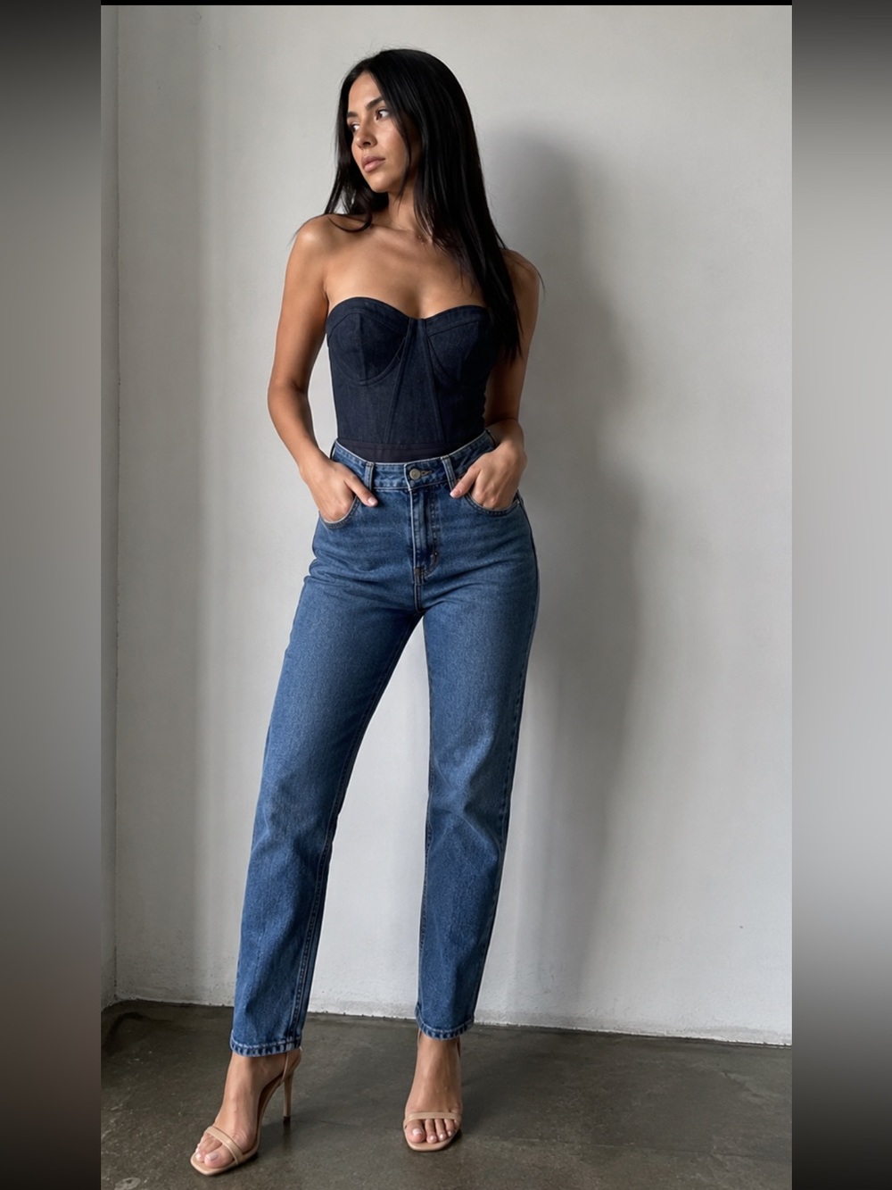 Pilcro Denim Corset Bodysuit, Zipper Back, Size M, Black, NWT, $268